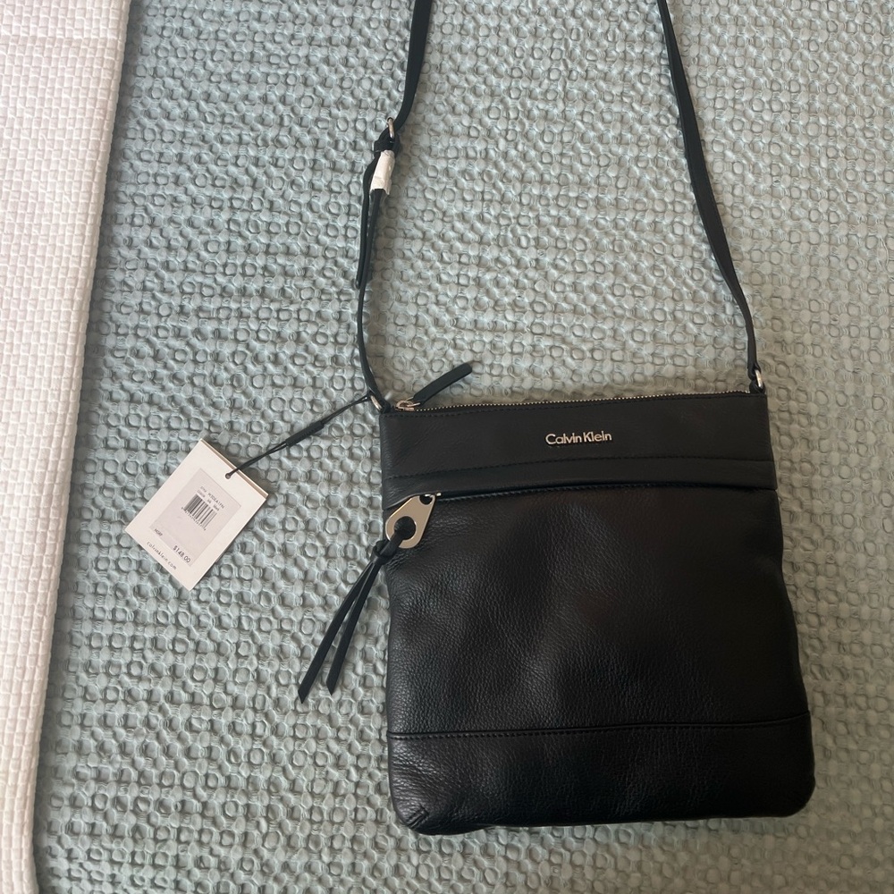 Calvin Klein Black Leather Crossbody Purse New
